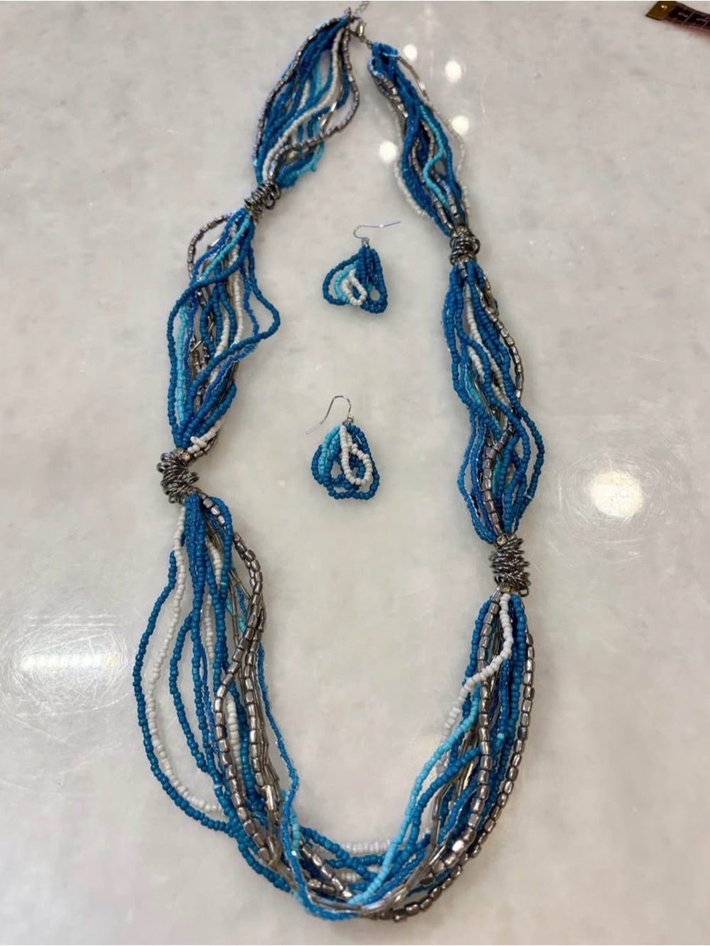 Necklace Earrings Set Glass Seed Beads Silver Light/Medium Blue Beads Turquoise